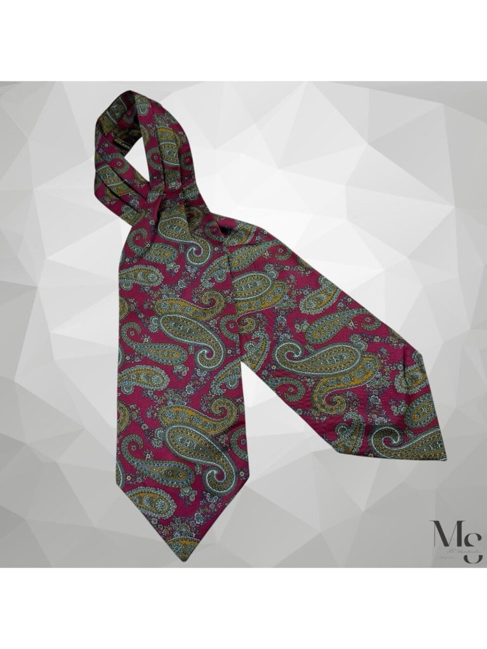 Amazing Burgundy Green Paisley Luxury Silk Ascot Cravat Italy 48’’-5.5’’ EUC